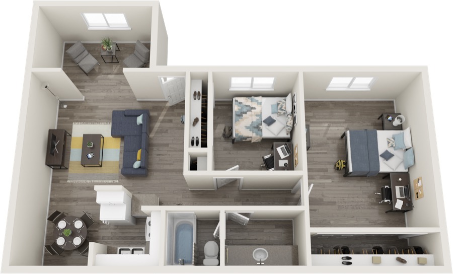 Two bedroom/ one bathroom floor plan, one bedroom is large the other is smaller