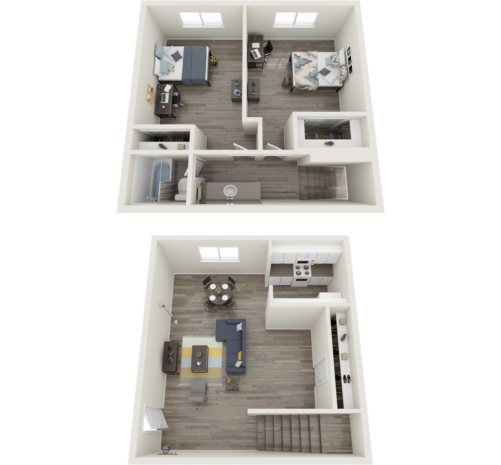 Two floor floor plan. The kitchen, living room, and dining room are downstairs, two equal size bedrooms are upstairs with one bathroom