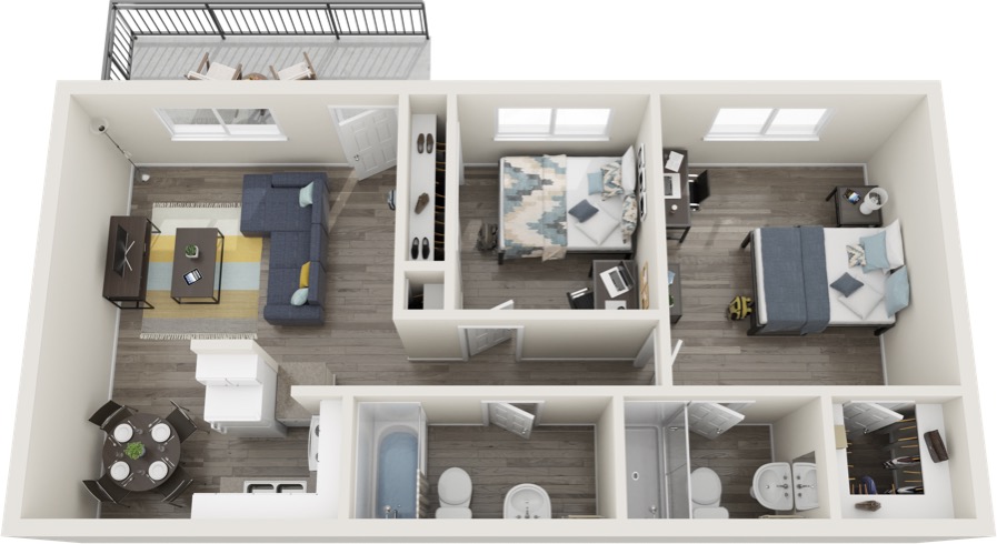 2 Bedroom/ 2 Bathroom floor plan, each room has one bed, one bedroom is larger and has a connected bathroom