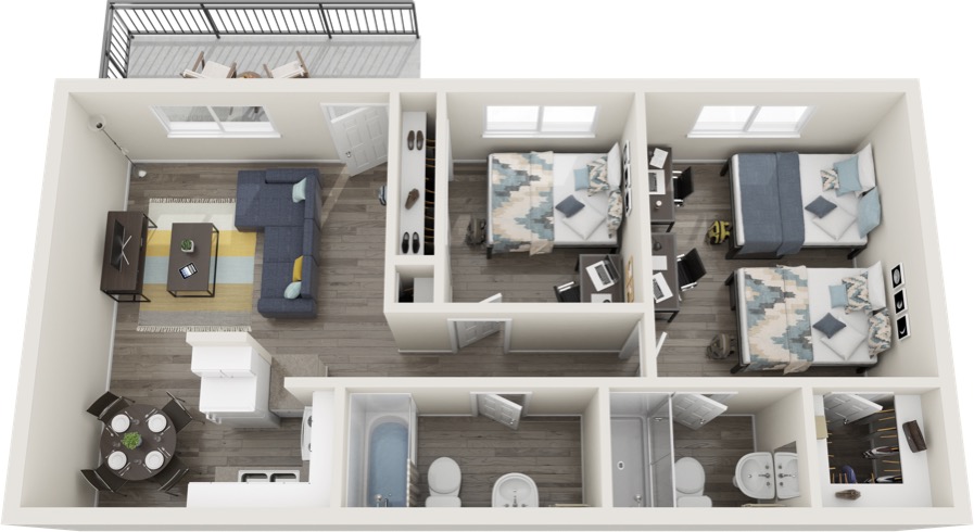 2 Bedroom/ 2 Bathroom floor plan, large "master" bathroom has two beds and the smaller bedroom has one bed